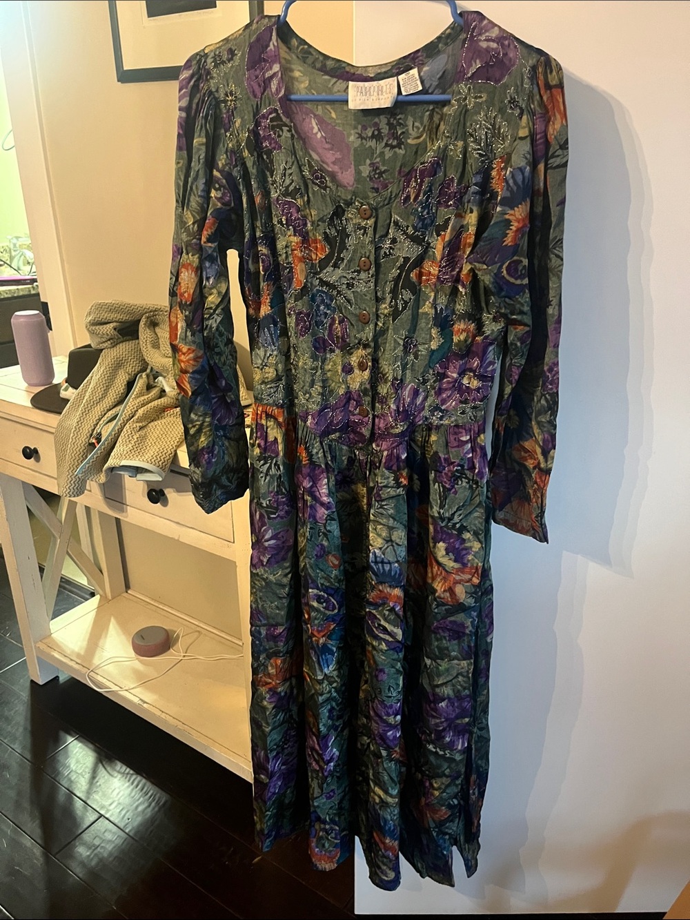 Passport Green Floral peasant Long-Sleeve Button Front Midi Dress